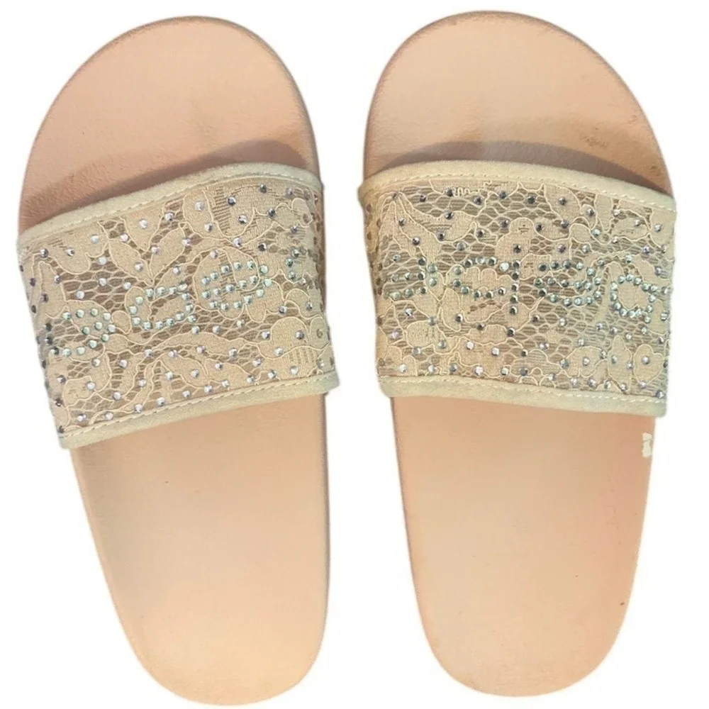 bebe Girls Slide Sandals Beige Lace Rhinestone Bling Slip-On Size‎ 6